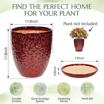 11.8 Inch Flower pots for Indoor Plants,Ceramic Planter with Saucer Drainage Leak-Proof Mesh Gardening Gloves (Diamond Red)