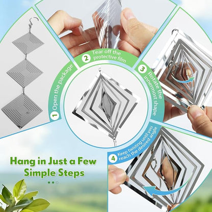 Bird Deterrents for Outside, 12 Discs Stainless Steel 3D Wind Spinners Garden Decor, 4 Sets Reflective Bird Scare Devices to Keep Woodpeckers, Pigeons Away from Patio, Balcony, Porch, Deck