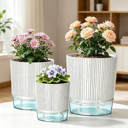 3 Pack Self Watering Pots for Indoor Plants, 4+5.5+6.3 Inch Self Watering Plant Pots, Flower Pots with Wick Rope and Reservoir - Black Stripes
