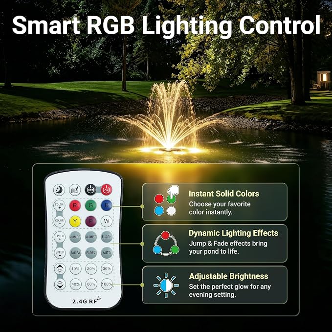 Vellara 120W Floating Pond Fountain with Built-in RGB LED Lights – 4 Spray Nozzles Included, 65ft Cord, Designed for Small Ponds