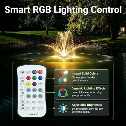 Vellara 120W Floating Pond Fountain with Built-in RGB LED Lights – 4 Spray Nozzles Included, 65ft Cord, Designed for Small Ponds