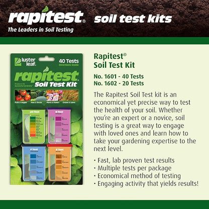 Rapitest Soil Test Kit for Gardens, Vegetables, Flowers and Lawns. USA designed and assembled soil tester completely, quickly and accurately measures/analyzes soil pH acidity and garden nutrients