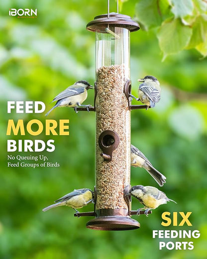 iBorn Metal Bird Feeder Hanging Wild Bird Seed Feeder for Mix Seed Blends Heavy Duty All Metal Coffee Finish,15 Inch 6 Port,Pack of 2