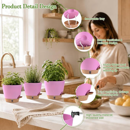 Self Watering Pots for Inoor Ourdoor Plants 8/7/6.5/6/5 Inch Plastic Planters with Drainage Holes & Water Level Indicator, Decorative House Flower Nursery Planting Pots with Saucers (Dusty Lavender)
