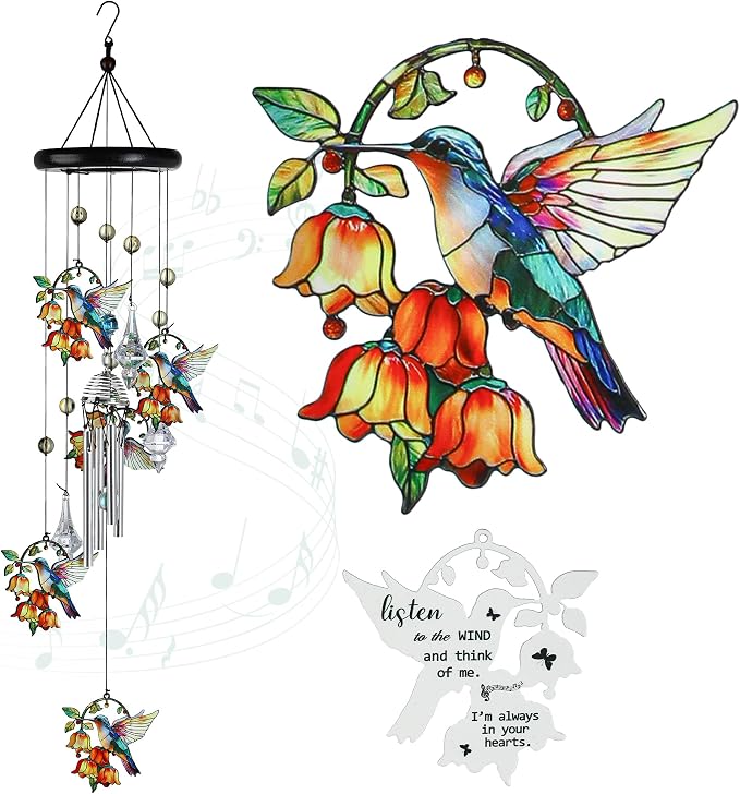 YU FENG Hummingbird Wind Chime, Orange Flower Memorial Suncatcher | 27 Inch Metal Wind Chime, Colorful Flower Design, Sympathy Gift For Women Mom Grandma, Outdoor Garden Decoration