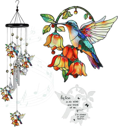 YU FENG Hummingbird Wind Chime, Orange Flower Memorial Suncatcher | 27 Inch Metal Wind Chime, Colorful Flower Design, Sympathy Gift For Women Mom Grandma, Outdoor Garden Decoration