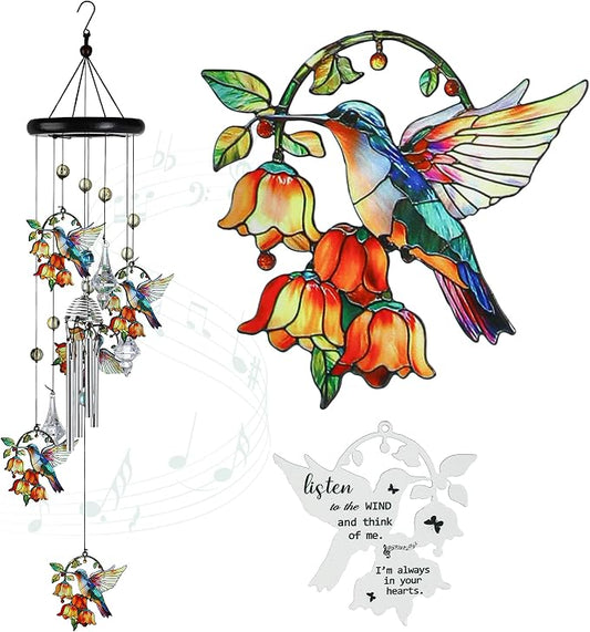 YU FENG Hummingbird Wind Chime, Orange Flower Memorial Suncatcher | 27 Inch Metal Wind Chime, Colorful Flower Design, Sympathy Gift For Women Mom Grandma, Outdoor Garden Decoration