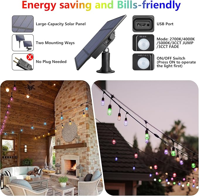 48FT Solar Outdoor RGB String Lights, 15+3 Waterproof Shatterproof LED Bulbs Dimmable Patio String Lights with Remote, Commercial Solar String Light for Patio Yard