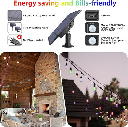 48FT Solar Outdoor RGB String Lights, 15+3 Waterproof Shatterproof LED Bulbs Dimmable Patio String Lights with Remote, Commercial Solar String Light for Patio Yard
