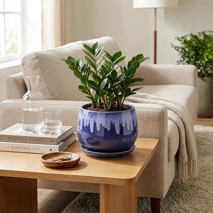 Ceramic Flower Pots - 7 Inch Indoor Planter with Drainage Hole and Saucer, Decorative Unique Flower Pot for Indoor Plants, Round Plant Pots, Office Patio Decor, Garden Gifts Women, Blue