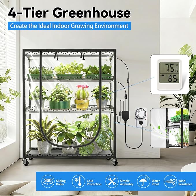 JESLED Indoor Greenhouse with Grow Light, 35.4x13.8x59IN | 3FT Full Spectrum 5000K LED, Seed Starting, Tiered Lighting Control, Built-in Timer & Thermo-Hygrometer