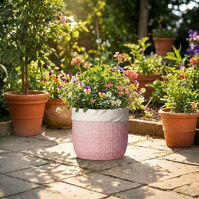 9.8 Inch Plant Pot - Ceramic Planter with Drainage Hole and Plug, Round Boho Planters for Indoor Plants Outdoor, Ceramic Flower Pots, Balcony Office Decor, Gifts for Plant Lovers, Pink