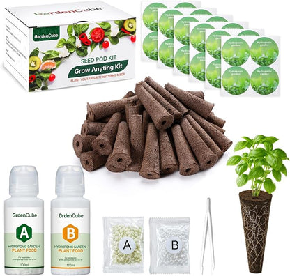 GARDENCUBE 52pcs Hydroponics Pods Kit Compatible with AeroGarden | 24 Sponges, 24 Pod Labels, 400ml A&B Nutrients, Tweezer, Grow Anything Supplies for Most Brands