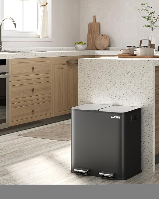 GarveeHome 2 x 4 gal Stainless Steel Double Trash Can with Lid for Kitchen, Large Dual Trash and Recycle Bin Combo, Step-on Kitchen Metal Garbage Cans, PP Inner Buckets, Liner Rim, Black
