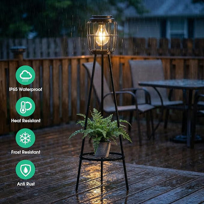 VISFLAIR 2 Pack Solar Lights with Plant Stand, Outdoor Floor Lamp, Waterproof Solar LED Edison Bulb Floor Lamps for Patio Porch Deck Yard Garden Decor