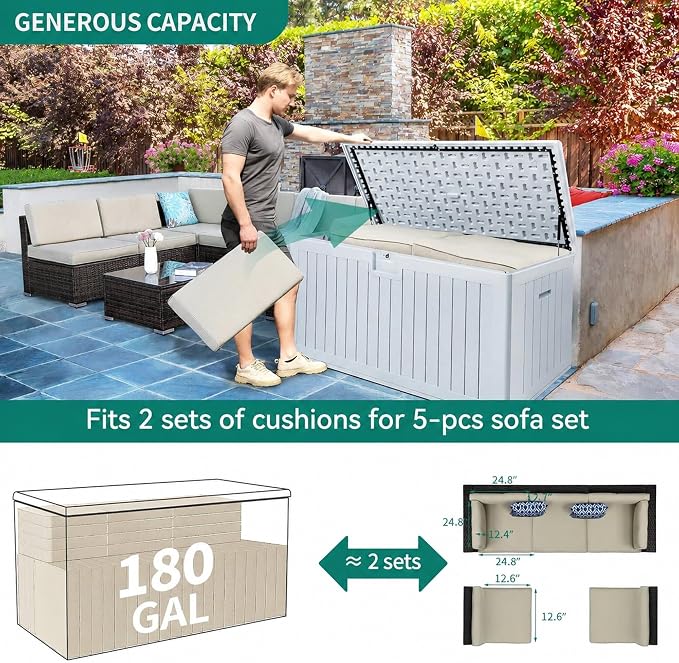 YITAHOME XL 180 Gallon Large Deck Box | Outdoor Storage for Patio Furniture Cushions,Garden Tools,Waterproof,Lockable (White)
