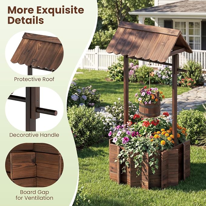 HAPPYGRILL Wooden Wishing Well Planter with Hanging Bucket, Flower Plants Planter, Outdoor Wishing Wells for Yard,Wishing Well Planters for Outside, Home Decor