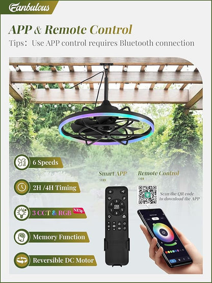 Fanbulous Outdoor RGB Ceiling Fans with Light for Patios, 24" Waterproof Plug in Ceiling Fan, Gazebo Fan Remote&APP Control, 3CCT Dimmable,Caged Ceiling Fan with Hanging Hook for Porch, Pergola