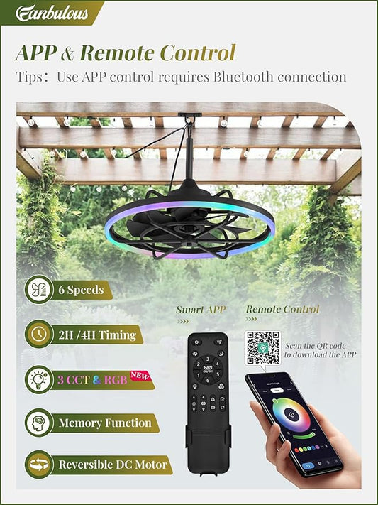 Fanbulous Outdoor RGB Ceiling Fans with Light for Patios, 24" Waterproof Plug in Ceiling Fan, Gazebo Fan Remote&APP Control, 3CCT Dimmable,Caged Ceiling Fan with Hanging Hook for Porch, Pergola