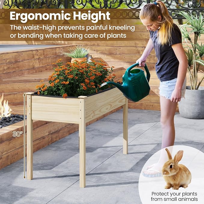 S AFSTAR 2 Pieces Wooden Raised Garden Bed with Legs, Planter Box with Liner & Drainage Holes for Vegetable Flower Herb, Indoor Outdoor Elevated Gardening Box for Backyard Patio Balcony