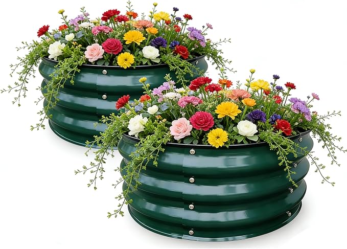 GrowHaus 2x2x1FT Galvanized Raised Garden Bed, Planter Boxes Outdoor Round Metal Garden Beds for Planting Vegetables Flowers Herbs 2 Pack Dark Green