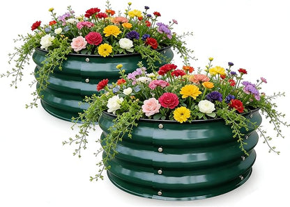 GrowHaus 2x2x1FT Galvanized Raised Garden Bed, Planter Boxes Outdoor Round Metal Garden Beds for Planting Vegetables Flowers Herbs 2 Pack Dark Green