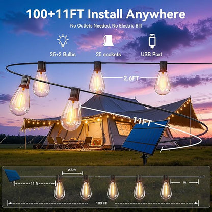 Ollny S11 100FT Solar String Lights Outdoor with Remote, Waterproof Dimmable Patio Lights with Timer & 3 Lighting Modes, 35 Shatterproof Edison Bulbs, String Lights for Outside Backyard Party Decor
