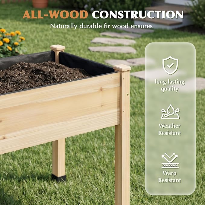 Wood Raised Garden Bed, 48x24x30in Elevated Wooden Planter Box with Legs Standing Growing Bed for Backyard, Patio, Balcony with Bed Liner, 200 Pound Capacity 2PCS