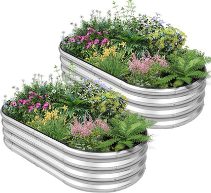 Galvanized Raised Garden Bed - 4×2×1ft (2 Packs) Planter Raised Beds for Gardening | Oval Metal Garden Planter Box with Safety Edging and Gloves for Vegetables Fruits and Flower - Silver