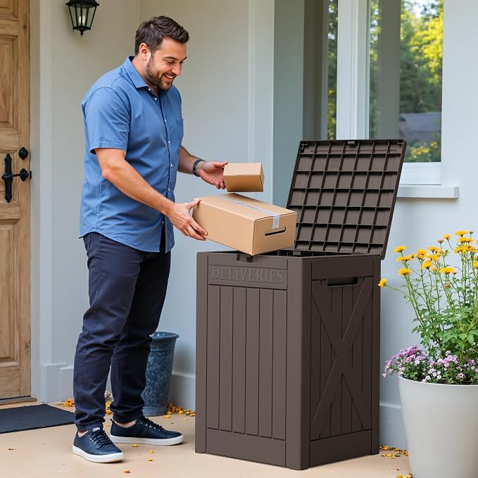 Greesum 48 Gallon Outdoor Package Delivery Box with Lock, Waterproof Secure Parcel Drop Box for Porch, Double-Wall Resin Storage, Brown