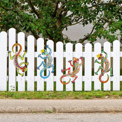 Junware 4 Pcs Metal Gecko Wall Art Outdoor Decor Metal Lizards Wall Decor Lizard 6.9 * 11 Inch Suitable for Hanging in Yard Garden Patio Fence Home, Idea Gifts for Mom Father Friends