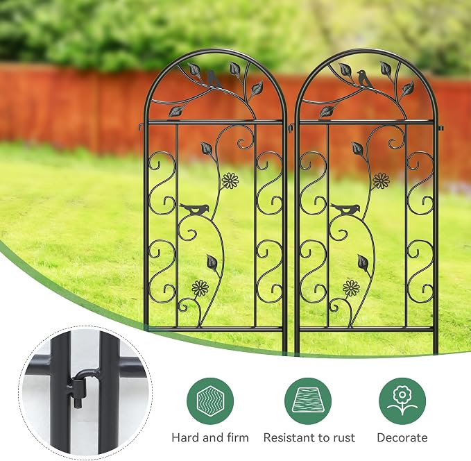 2-Pack 87" x 20" Daisy & Bird Arch Black Metal Garden Trellises | Set of 2 rust-resistant metal trellises with bird, daisy, and scrollwork details, spikes, and support for climbing plants