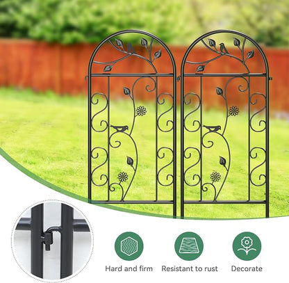 2-Pack 87" x 20" Daisy & Bird Arch Black Metal Garden Trellises | Set of 2 rust-resistant metal trellises with bird, daisy, and scrollwork details, spikes, and support for climbing plants
