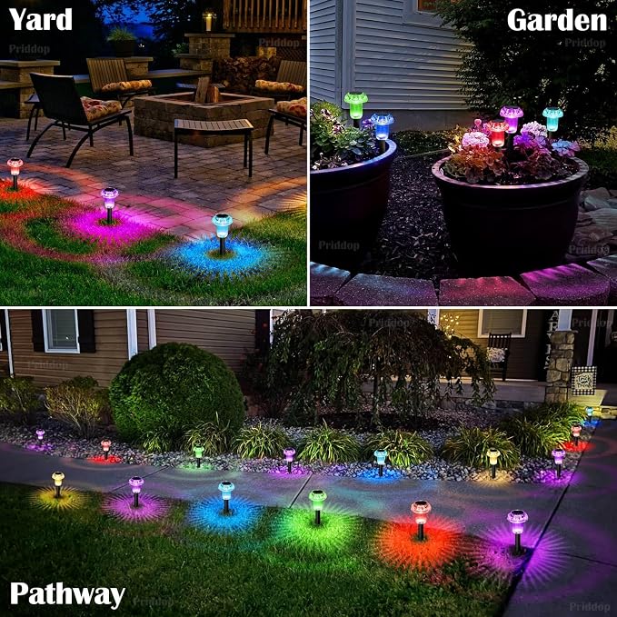 Priddop Solar Lights Outdoor Waterproof 12 Pack Color Changing LED Mushroom | Garden Pathway Yard Patio Walkway Landscape Path Lights, Acrylic ABS, Ground Patterns, Replaceable Battery, Christmas Decor