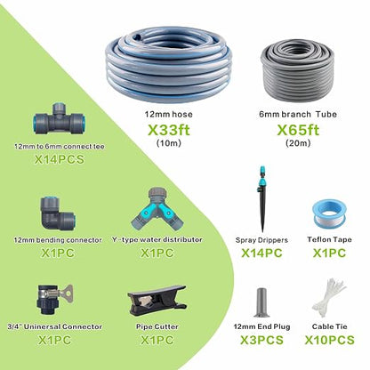 Drip Irrigation System 98ft, Fast Connect Automatic Irrigation Kit with 12mm, 6mm Blank Distribution Tubing and Accessories, DIY Garden Watering Equipment for Garden, Greenhouse, Flower Bed, Patio