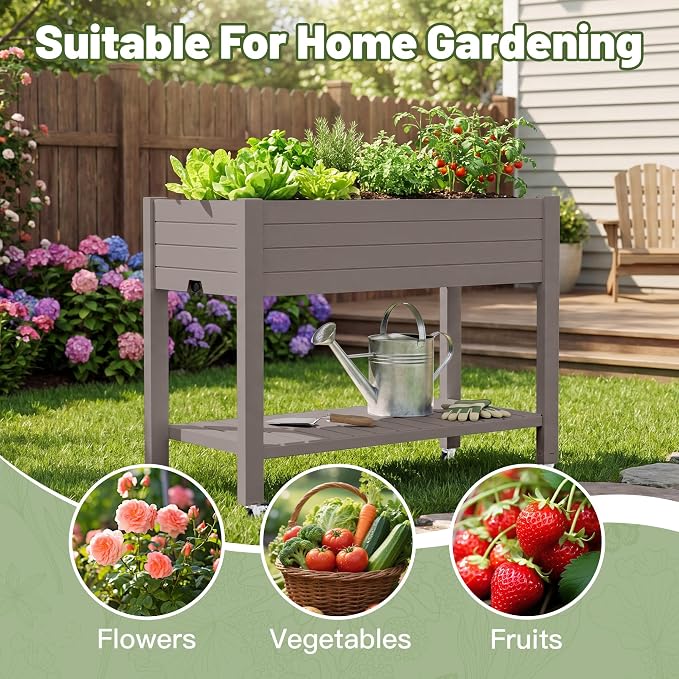 Fancyango Raised Garden Bed with Wheels 33.7" H -Medium Gray | Resin Elevated Garden Planter Box with Drainage, Outdoor Planter Box for Veggies Herbs Patio Balcony Backyard