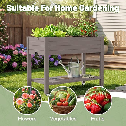Fancyango Raised Garden Bed with Wheels 33.7" H -Medium Gray | Resin Elevated Garden Planter Box with Drainage, Outdoor Planter Box for Veggies Herbs Patio Balcony Backyard