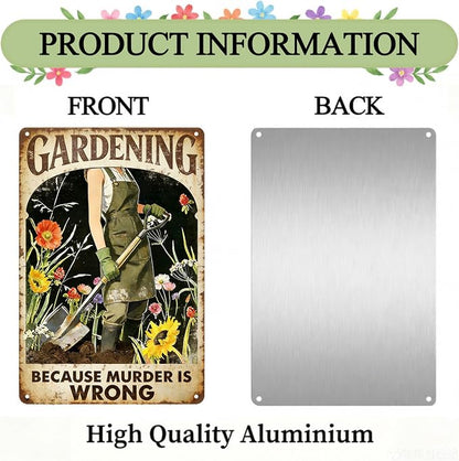 Funny Garden Metal Signs, Vintage Outdoor Wall Decor 8x12 Inch | Gardening Because Murder Is Wrong, Weatherproof Aluminum Sign for Patio Yard Greenhouse, Gift For Gardeners