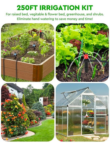 250FT Drip Irrigation System for Garden - 50FT 1/2" Main Tube & 200FT 1/4" Branch Tubing, Brass Splitter, Quick Connect Design, Perfect for Outdoor Plants, Raised Beds, Greenhouses