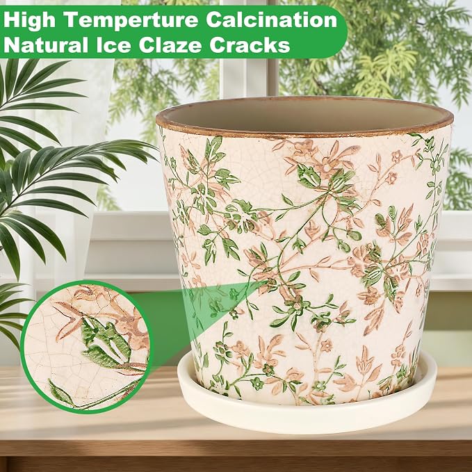 Ceramic Flower Pots For Indoor Plant, 5.5 Inch Small Ice Crack Plant Pots With Drainage Hole & Saucer, Decorative Vintage Planters For Succulent Herb Cactus Mint Basil, Garden Pot For Home Decor