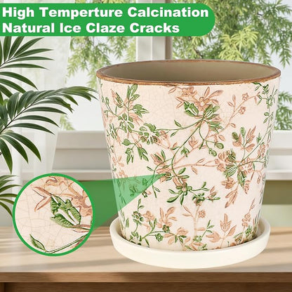 Ceramic Flower Pots For Indoor Plant, 5.5 Inch Small Ice Crack Plant Pots With Drainage Hole & Saucer, Decorative Vintage Planters For Succulent Herb Cactus Mint Basil, Garden Pot For Home Decor
