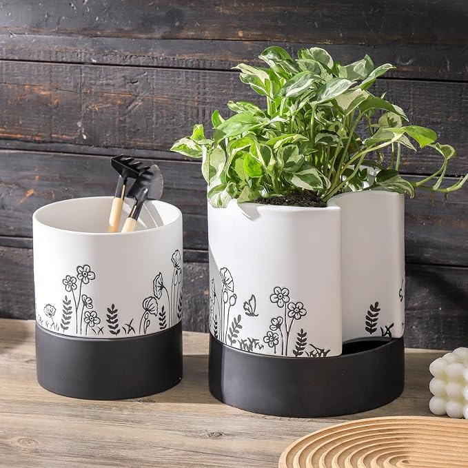 Nihow Self Watering Pots for Indoor Plants,8 Inch,White,Hand Painting | Ceramic Planter, Drainage Hole & Water Storage Plus, Cylinder Round Flower Pot, For Succulent/Herbs/Violets