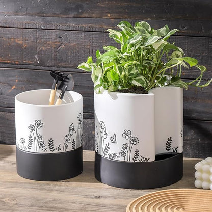 Nihow Self Watering Pots for Indoor Plants,8 Inch,White,Hand Painting | Ceramic Planter, Drainage Hole & Water Storage Plus, Cylinder Round Flower Pot, For Succulent/Herbs/Violets
