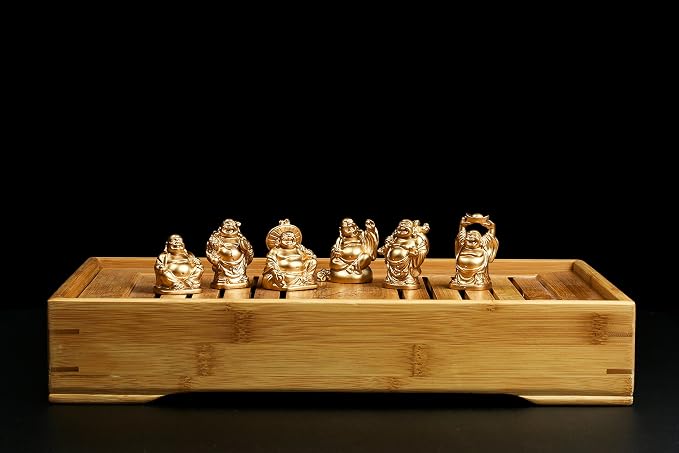 6Pcs 2in Gold Resin Laughing Buddha Figurines, Tabletop Lucky Decor | Maitreya Buddha Statue, Flower Pot Statue, Home Office Desk Decor, Fengshui Collection Gift Ornaments