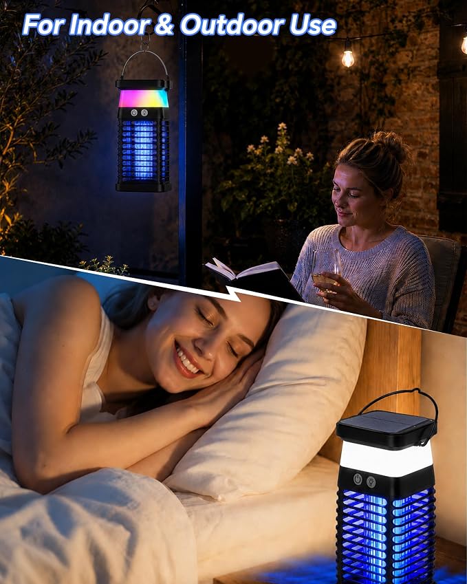 Solar Bug Zapper Outdoor/Indoor, 4000V Electric Mosquito Zapper with Flickering Flame & RGB Atmosphere Light, Cordless Waterproof Rechargeable Mosquito Repellent Outdoor Patio Backyard, Camping, RV