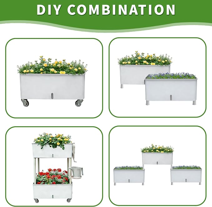 Self-Watering Raised Planter Box with Lockable Wheels,2-Tier Elevated Garden Bed with Visible Water Level Window,Indoor Outdoor Plastic Plant Box for Flowers,Vegetables & Herbs
