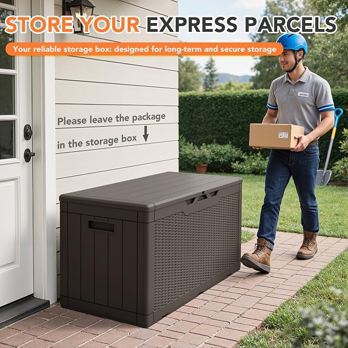 105 Gallon Deck Box Outdoor Indoor Waterproof Storage Box for Patio Furniture, Pool Accessories, Garden Tools, and Cushion Storage, Brown