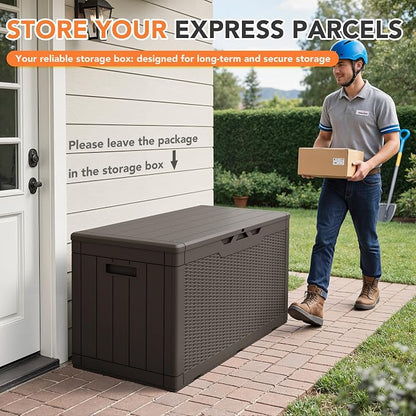105 Gallon Deck Box Outdoor Indoor Waterproof Storage Box for Patio Furniture, Pool Accessories, Garden Tools, and Cushion Storage, Brown