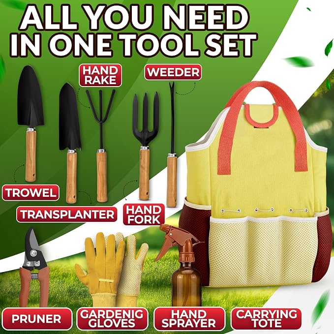 10 Pcs Gardening Tool Set for Women, Rust-Resistant Steel, Tote Bag | Garden Tools Set for Plant Care, Digging, Planting & Potting; Ergonomic Handles, Gloves & Spray Bottle; Gift for Plant Lovers