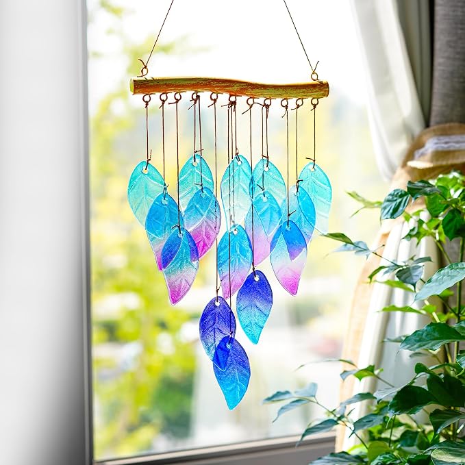 YU FENG 12.5 Inch Handmade Stained Glass Leaf Wind Chimes Window Decor | Unique Glass Chimes, Indoor Outdoor Hanging Ornament, Leaf Pattern Decoration for Patio Backyard Home